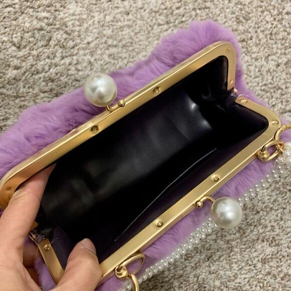 Handmade Real Rex Rabbit Fur Kisslock Wristlet/Crossbody & Mink Fur Bag Charm - Picture 16 of 16